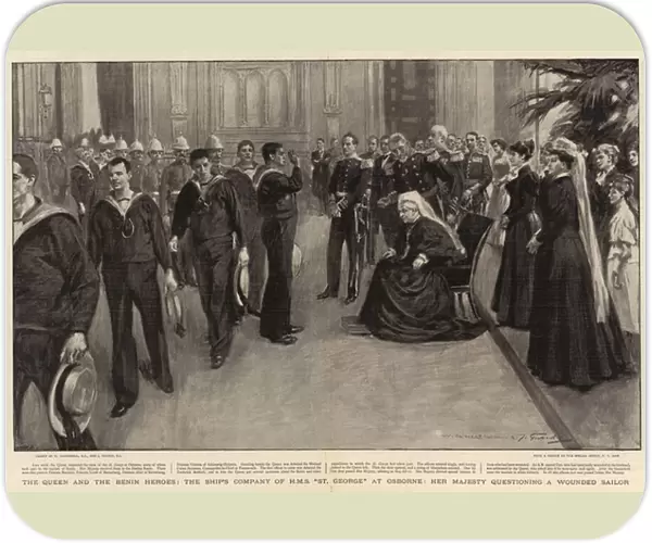 The Queen and the Benin Heroes, the Ships Company of H Ms 'St George'at Osborne, Her Majesty questioning a Wounded Sailor (litho)