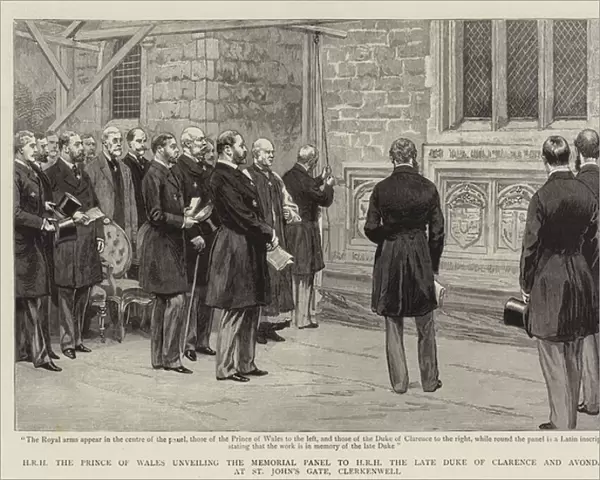 HRH the Prince of Wales unveiling the Memorial Panel to HRH the Late Duke of Clarence and Avondale at St Johns Gate, Clerkenwell (engraving)