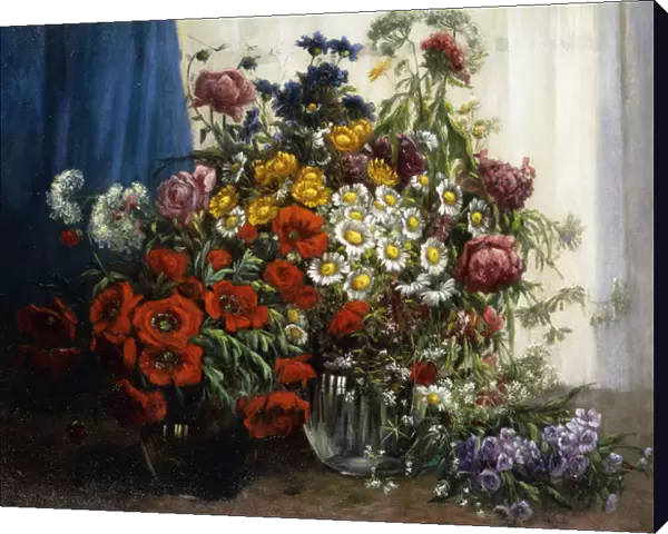 Poppies, Chrysanthemums, Peonies and other Wild Flowers in Glass Vases (oil on canvas)