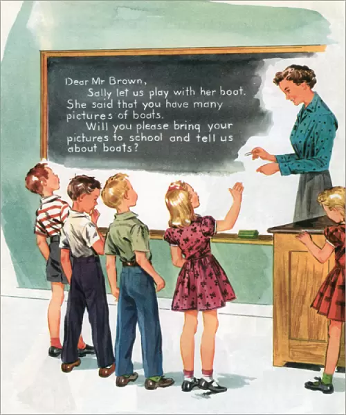 A Teacher with Students at a Blackboard, c. 1950 (screen print)