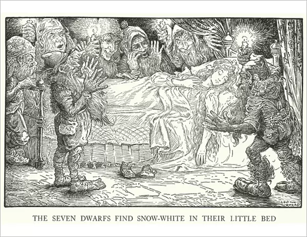 The Seven Dwarfs find Snow-White in their little bed (litho)