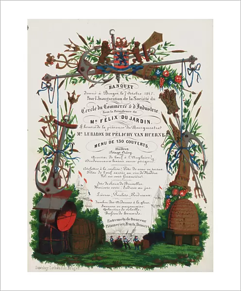 Menu of a banquet held to celebrate the inauguration of the Society of the Circle of Commerce and Industry, Bruges, Belgium, 7 October 1847 (colour litho)