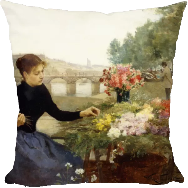 A Parisian Flower Market, (oil on canvas)