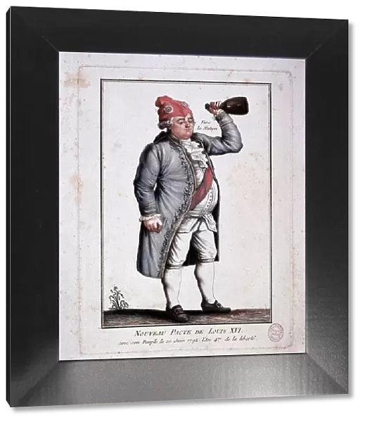 Louis XVI wearing a phrygian cap and drinking in the bottle, 1792. Cartoon