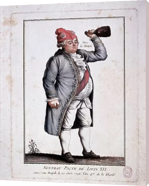 Louis XVI wearing a phrygian cap and drinking in the bottle, 1792. Cartoon