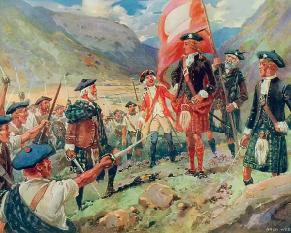 The Raising of the Standard, Bonnie Prince Charlie lands in Scotland in 1745 (colour litho)