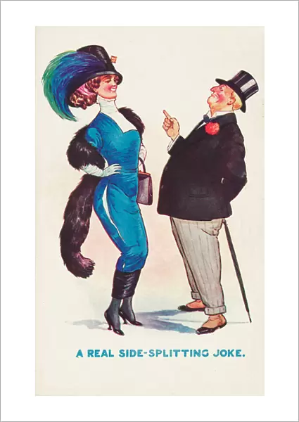 Fashion victim: the side of a womans tight dress splitting as a man tells her a joke (colour litho)