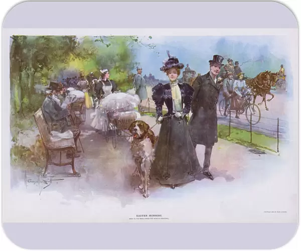Easter Morning: woman promenading with her pet dog (colour litho)