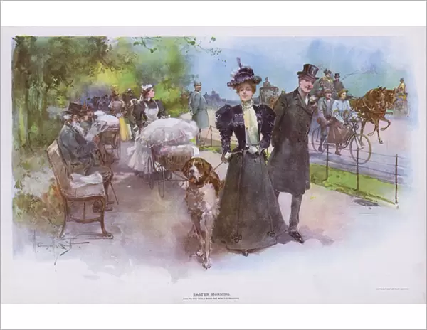 Easter Morning: woman promenading with her pet dog (colour litho)