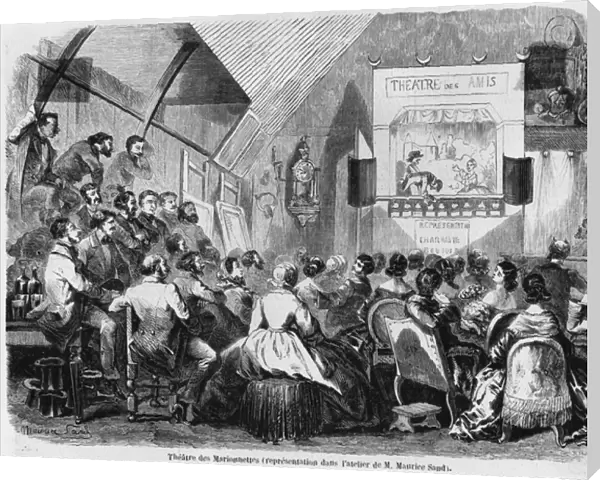 Puppet show in Maurice Sands studio, 1870 (engraving) (b  /  w photo)