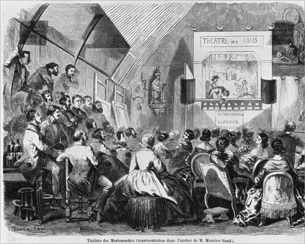 Puppet show in Maurice Sands studio, 1870 (engraving) (b  /  w photo)