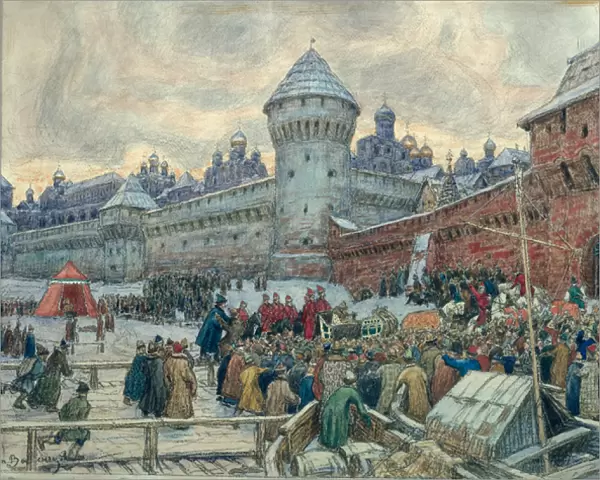 Ancient Moscow, departure after a fight (oil on canvas)