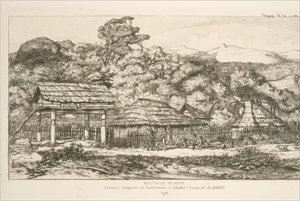 Greniers indigenes et habitations a Akaroa, presqu ile de banks