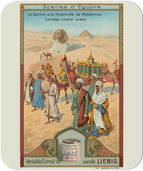 The Sphinx and the pyramid of Menkaure with an Arab wedding procession (chromolitho)
