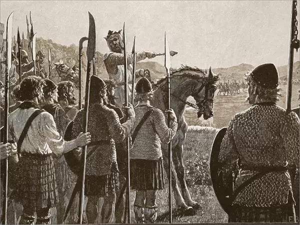 Bannockburn: Bruce reviewing his troops before battle, illustration from Cassell