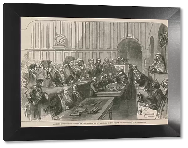 Ancient civic tenure custom, on the morror of St Michael, in the Court of Exchequer, at Westminster (engraving)