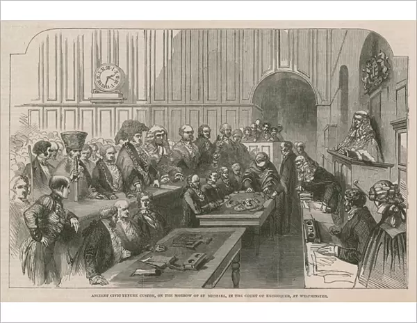 Ancient civic tenure custom, on the morror of St Michael, in the Court of Exchequer, at Westminster (engraving)
