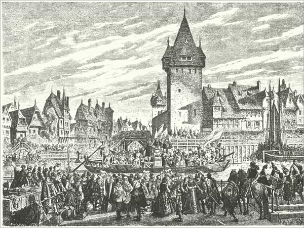 The Hirsebreifahrt, transportation of a cargo of millet by boat from Zurich to the citys ally, Strasbourg, 1576 (engraving)