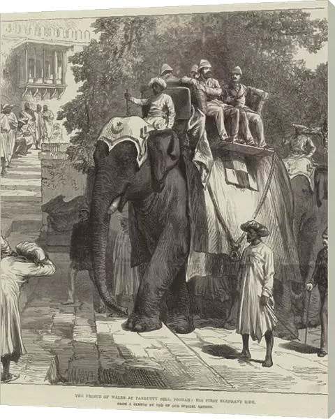 The Prince of Wales at Parbutty Hill, Poonah, his First Elephant Ride (engraving)