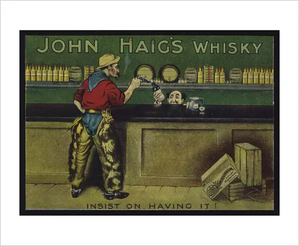 Cowboy in a saloon, advertisment for John Haigs whisky (chromolitho)