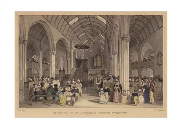 Interior of St Andrews Church, Plymouth, Devon (coloured engraving)