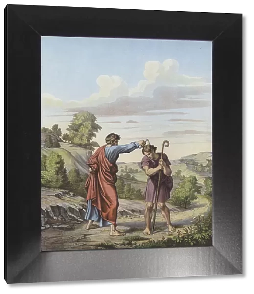 Samuel anointing Saul as King of Israel and Judah (colour litho)
