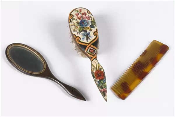 Toy mirror, brush and comb, c. 1860 (carved mahogany with inlaid wood and glass)