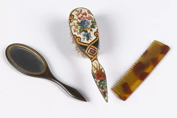 Toy mirror, brush and comb, c. 1860 (carved mahogany with inlaid wood and glass)