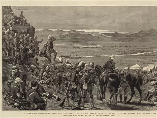 Afghanistan, General Roberts Victory over Ayoub Khan, 1 September, Flight of the Enemy and Pursuit by British Cavalry as seen from Baba Wali (engraving)