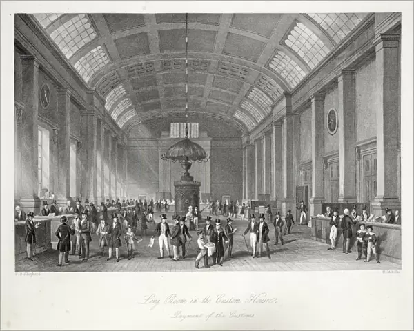 Long Room in the Custom-House, from London Interiors with their Costumes