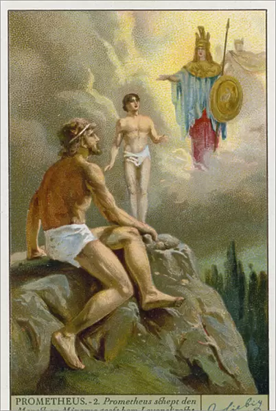 Prometheus creates man from clay and Athena (Minerva) gives him life (chromolitho)