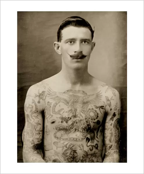 Tattooed British sailor during the Great War of 1914-18 (front view) (b  /  w photo