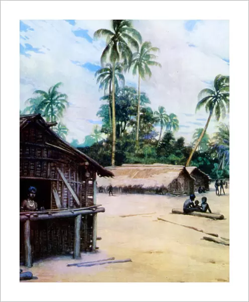 A Village in the Solomon Islands, 1908 (colour litho)