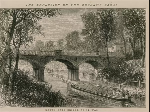 The explosion on the Regents Canal; North Gate Bridge as it was (engraving)