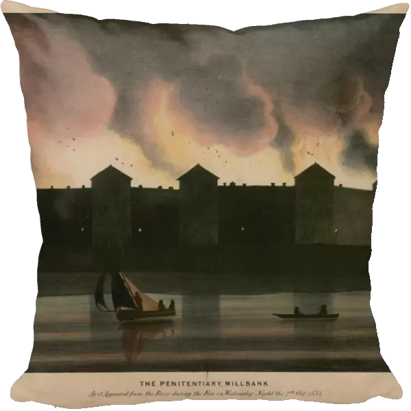 The Penitentiary, Millbank, London, as it appeared from the river during the fire on the night of 7 October 1835 (coloured engraving)