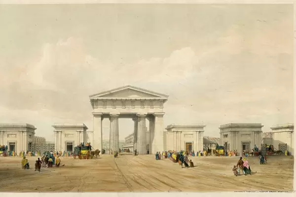 Entrance portico of Euston Grove Station, London (coloured engraving)