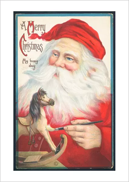 Father Christmas painting rocking horse, Christmas Card (chromolitho)