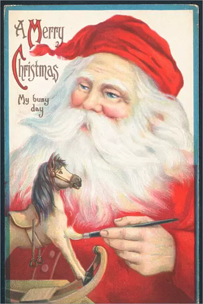 Father Christmas painting rocking horse, Christmas Card (chromolitho)