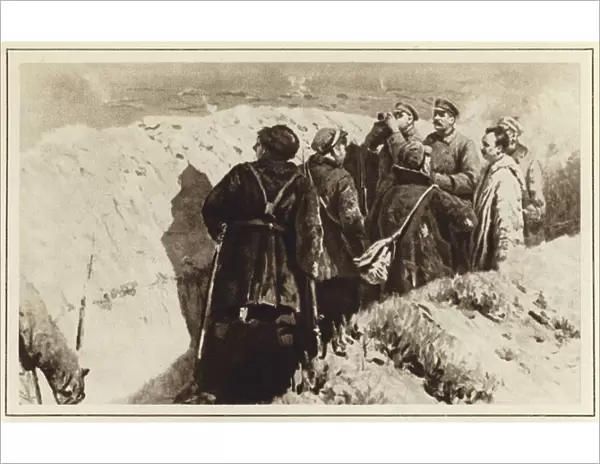 Bolshevik commanders Joseph Stalin and Kliment Voroshilov in the trenches of Tsaritsyn, Russian Civil War, 1918 (litho)