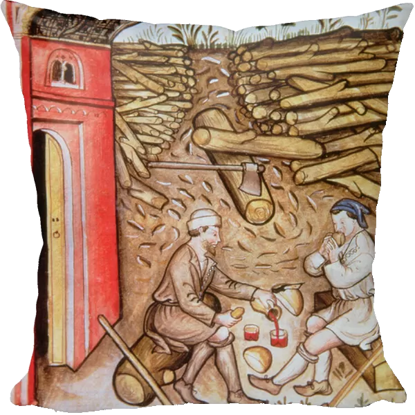 Fol. 64r Eating Bread and Drinking Wine, illustration from Tacuinum Santiatis Codex Vindobonensis (vellum)