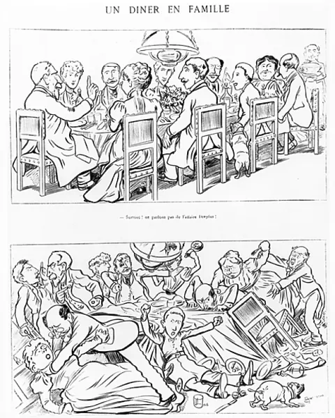 Caricature of a family dinner before and after having talked about the Dreyfus Affair, c