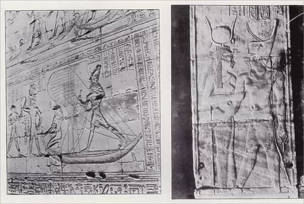 Egypt: Sculptures on the Walls of Horus Temple at Edfu (b  /  w photo)