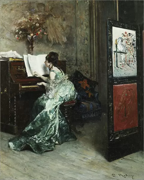 A Lady Playing the Piano in an Interior, (oil on canvas)