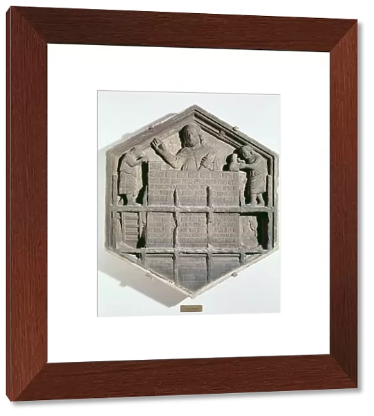 The Art of Building, hexagonal decorative relief tile from a series depicting