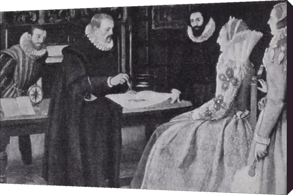 Physician and physicist, William Gilbert, demonstrating magnetism to Queen Elizabeth I (litho)