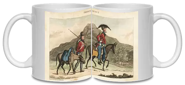 Ensign Johnny Newcome riding a horse accompanied by a subaltern with pack horse in Portugal. Handcoloured copperplate engraving drawn and etched by Thomas Rowlandson from Colonel David Roberts The Military Adventures of Johnny Newcome, Martin