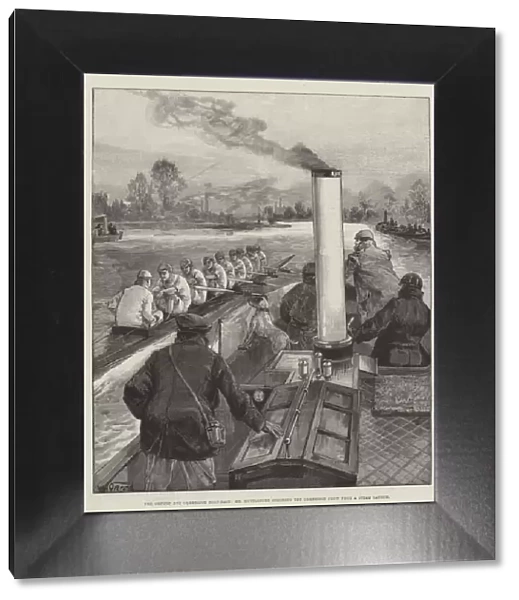 The Oxford and Cambridge Boat-Race, Mr Muttlebury coaching the Cambridge Crew from a Steam Launch (engraving)