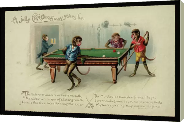 Cartoon of monkeys playing billiards, Christmas greetings card. (chromolitho)