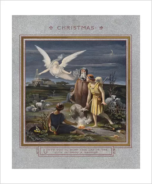 Christmas card: Shepherds alerted to the birth of Jesus while tending their flocks at night (chromolitho)