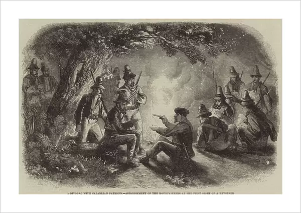 A Bivouac with Calabrian Patriots, Astonishment of the Mountaineers at the First Sight of a Revolver (engraving)